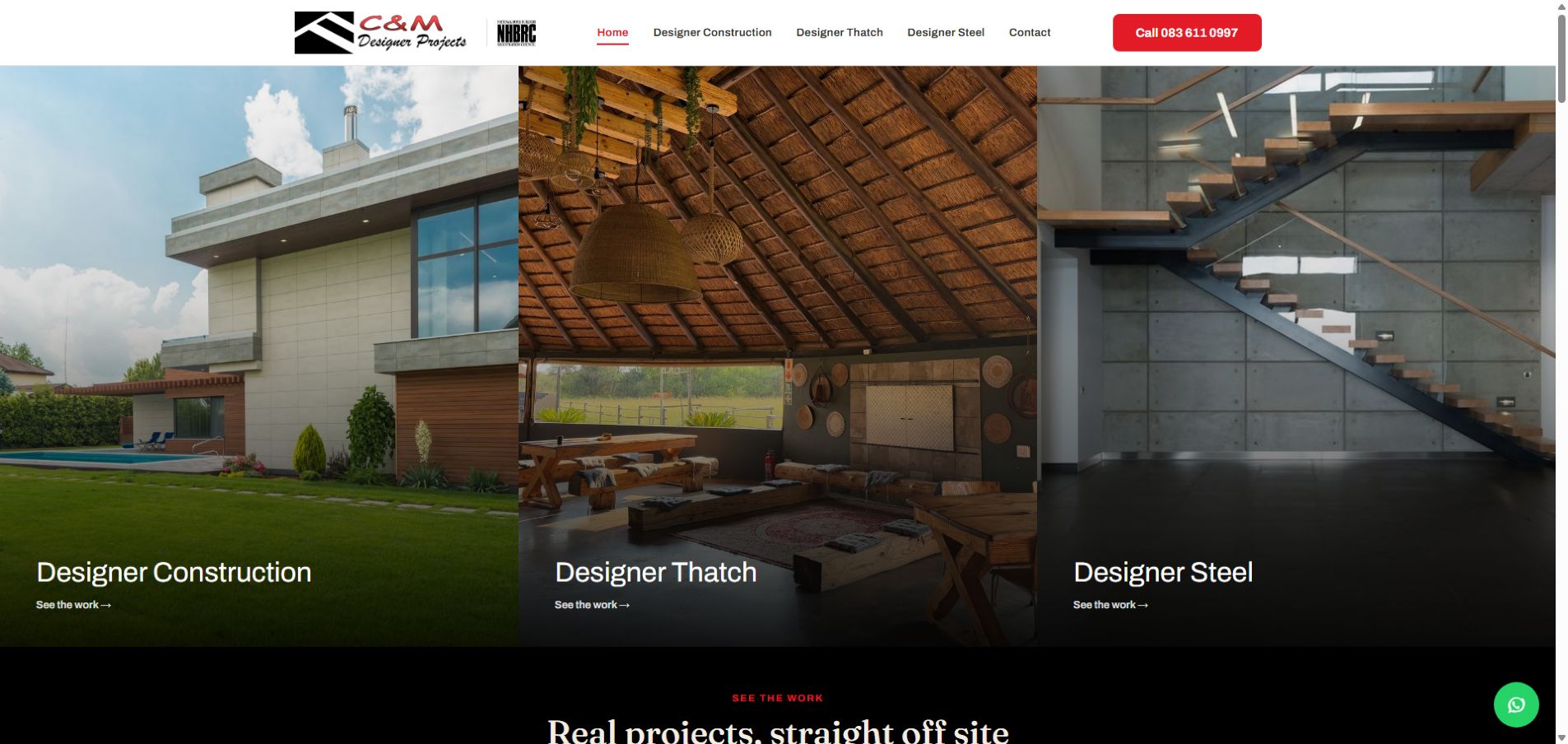 The C and M Designer Projects website, showcasing construction, thatch and steel services